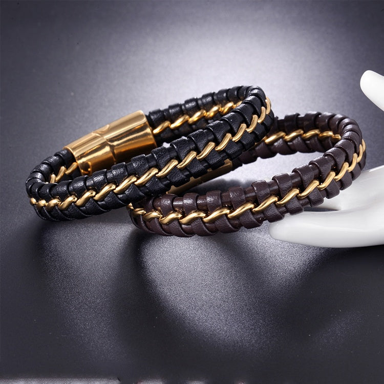 Flätat läderarmband för män i rostfritt stål