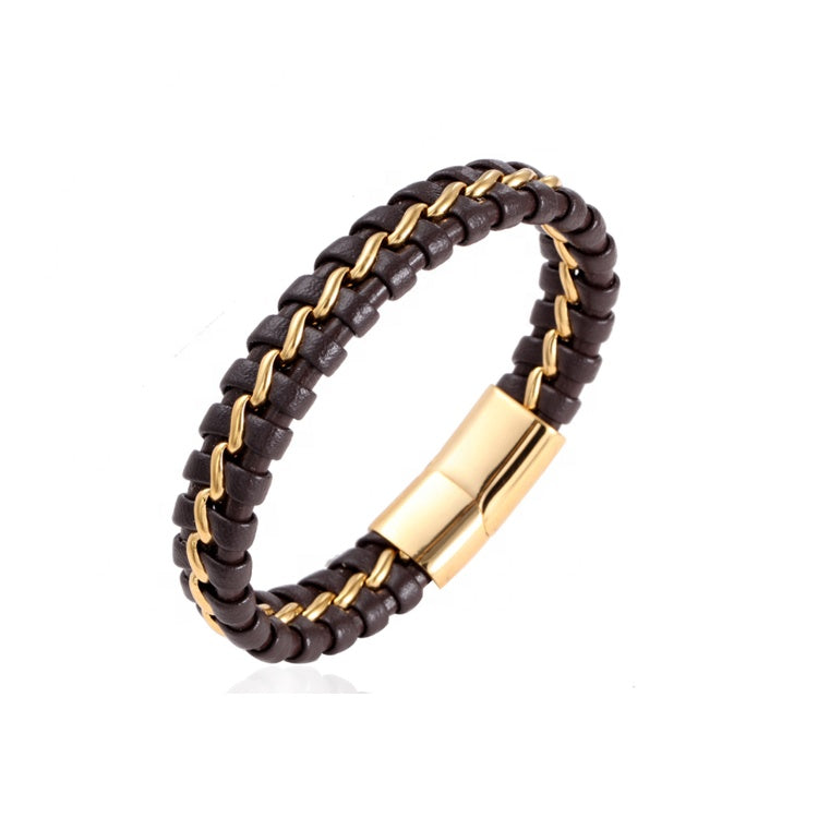 Flätat läderarmband för män i rostfritt stål